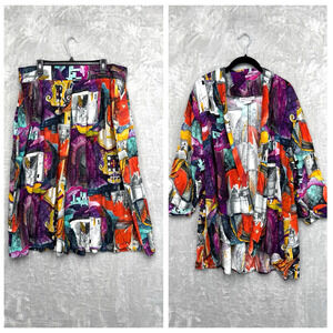 Sharon Anthony Top Skirt Set Womens 22 Open Cardigan Kimono Colorful Geometric